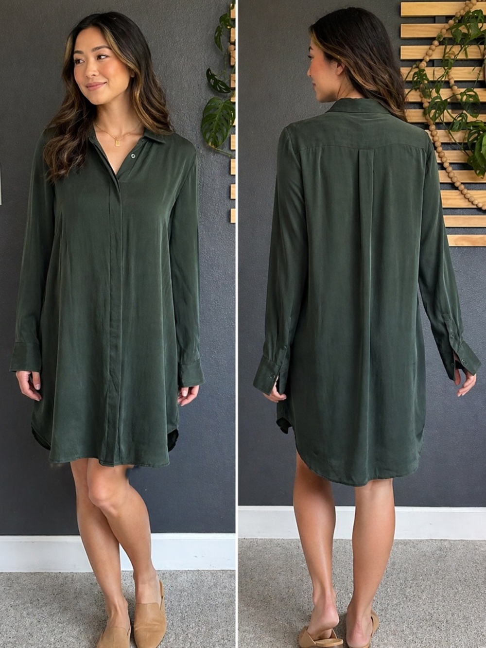 Quince Silk Shirt Dress Green Long Sleeve Button Front Size M Missing Belt